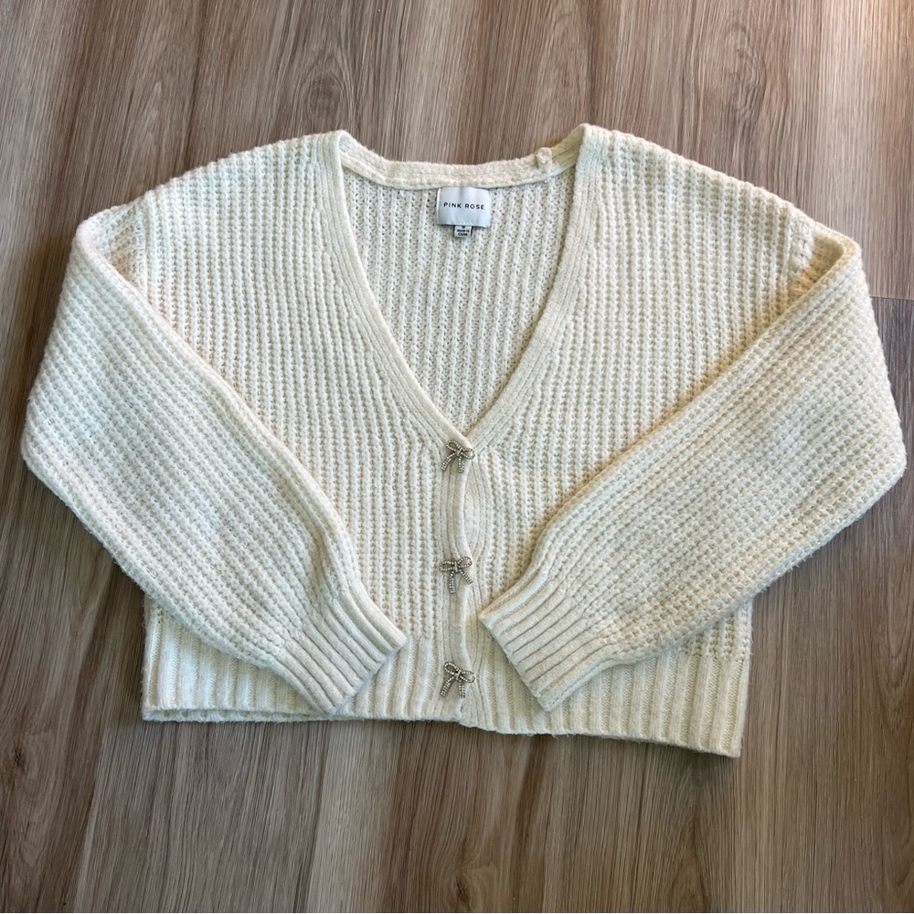Cream Cardigan Sweater with Rhinestone Bow Buttons Women’s Size M